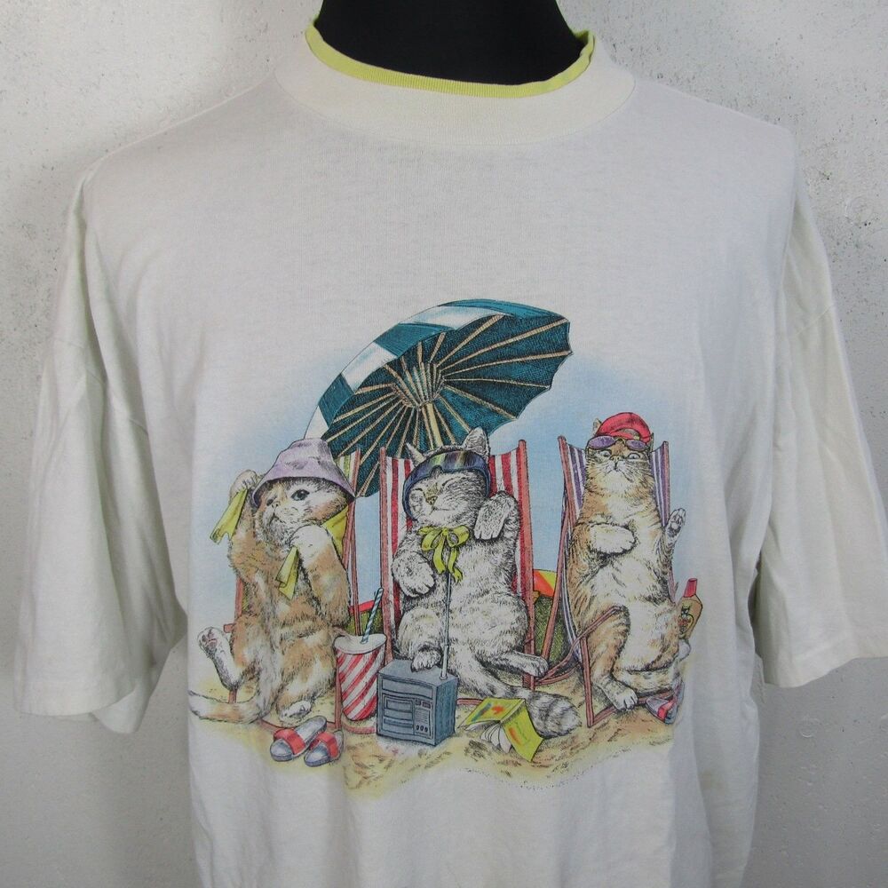 Vintage Prints of Tails Cats Beach Graphic T-Shirt Men's XXL White Yellow Collar